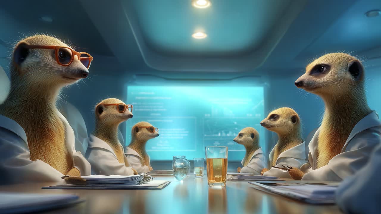 A Group of Meerkats Engaged in a Serious Business Meeting, Wearing Glasses and Lab Coats While Analyzing Data on Digital Screens in a Modern Conference Room Environment