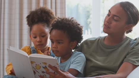 army mother in uniform home on leave with children reading book on sofa together