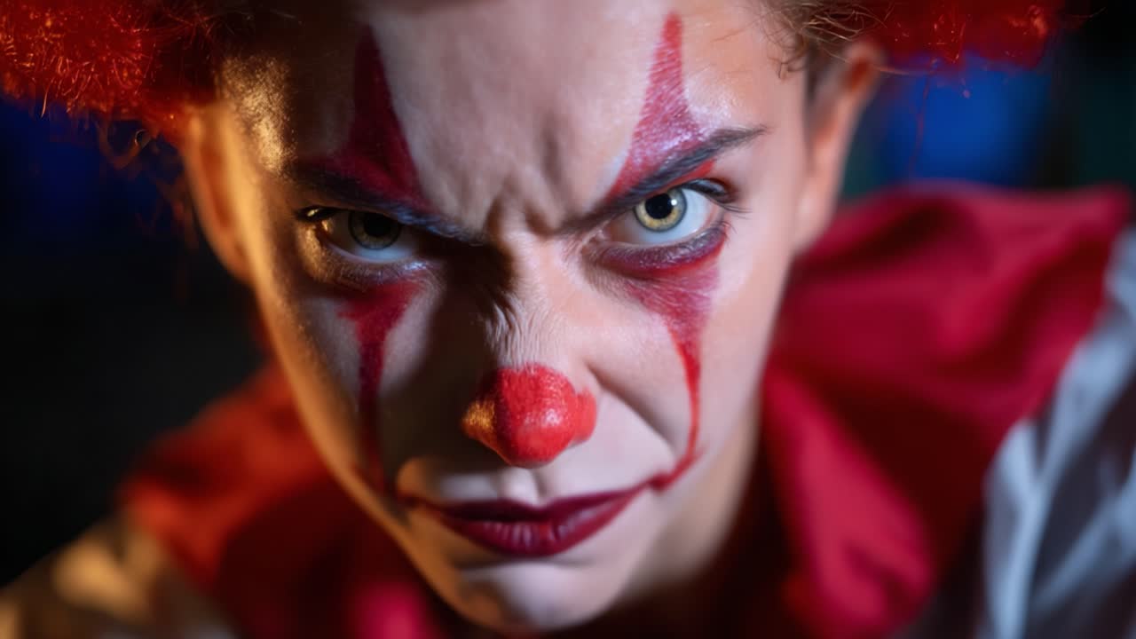 Intense and Frightening Clown Portrayal Showcasing Unique Makeup and Expressions Evoking Fear and Intrigue in a Dark Atmosphere