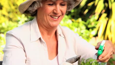 Woman-smiling-and-talking-to-her-plant