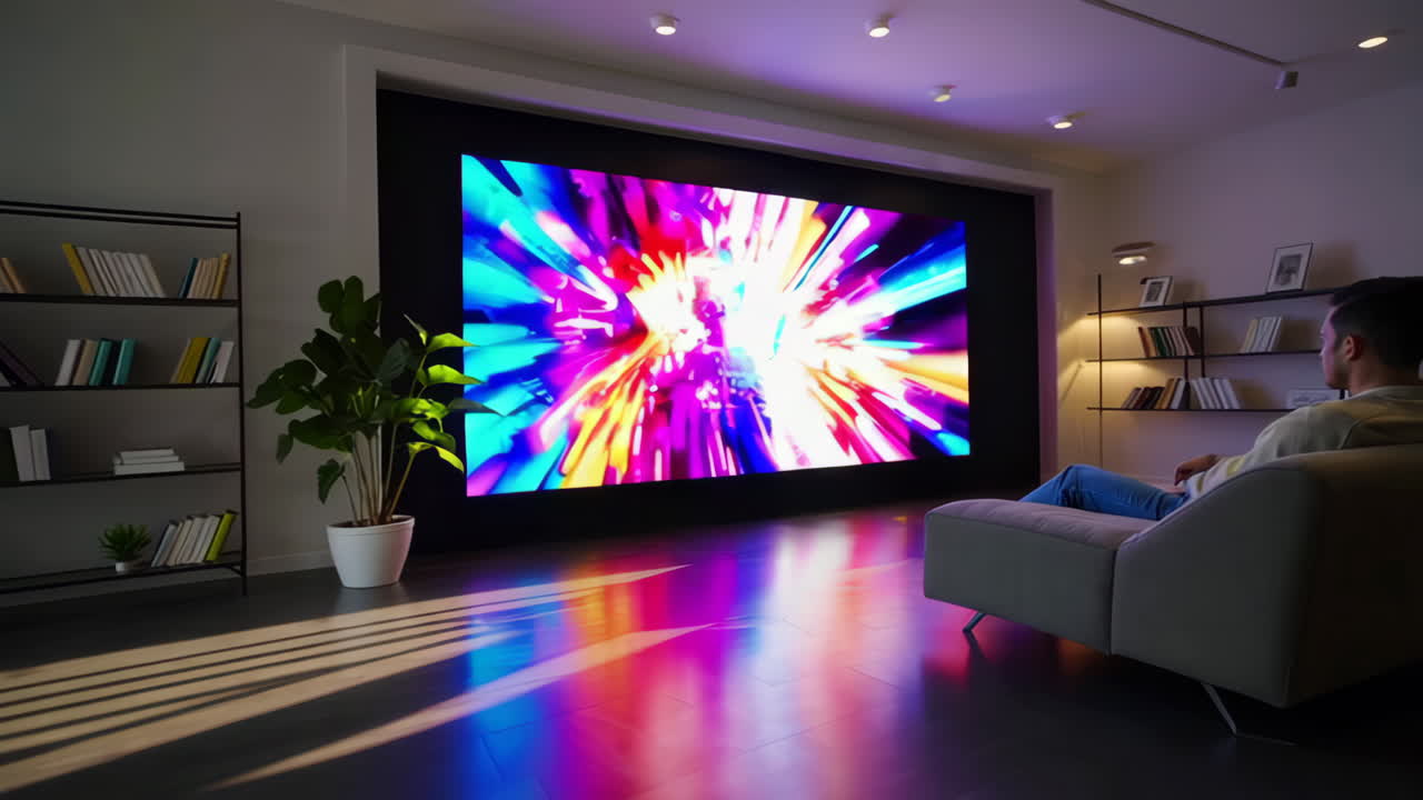 Modern Home Theater Setup with Large Screen Displaying Vibrant Abstract Visuals and People Watching