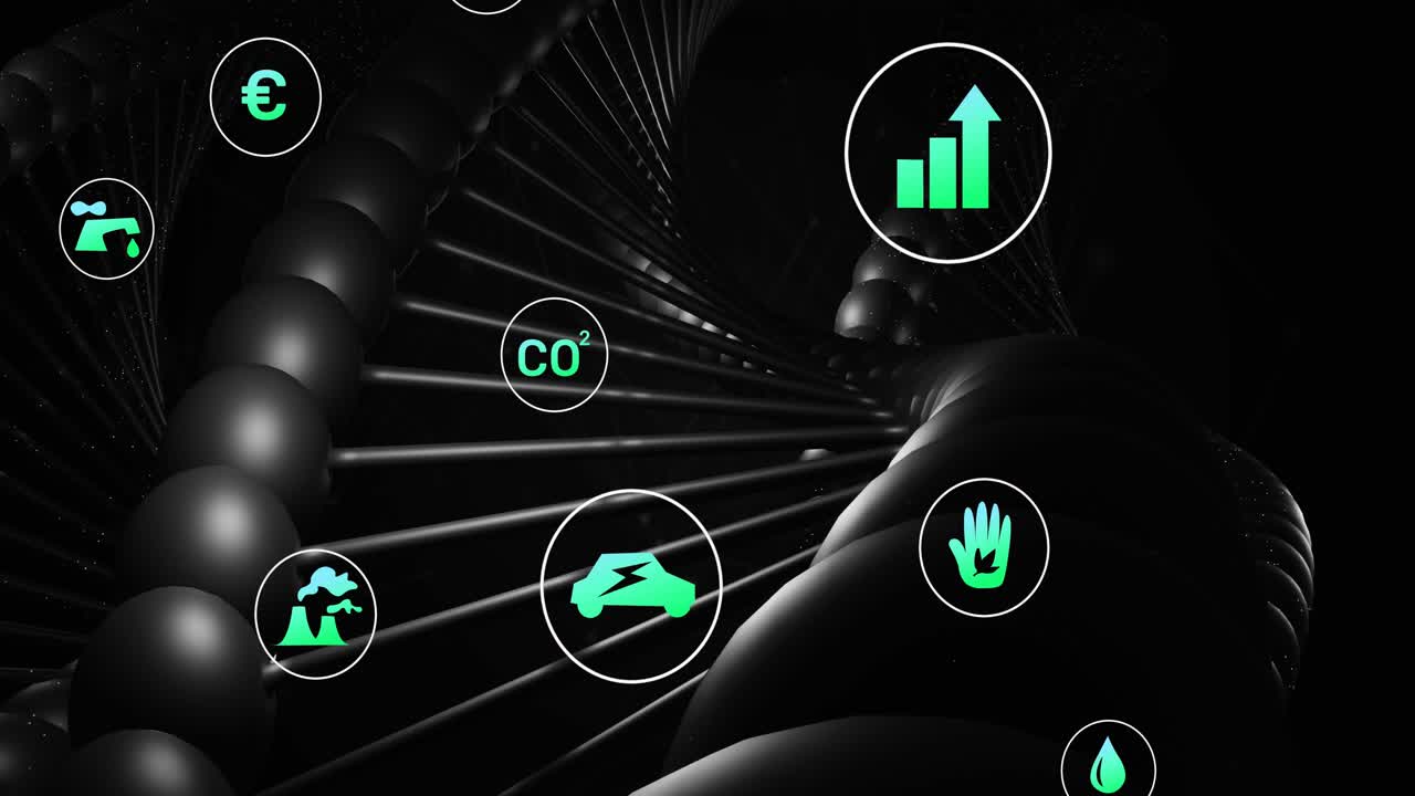 Camera dollying and rotating, helix turning, icons drifting and pulsing, favoring car and chart