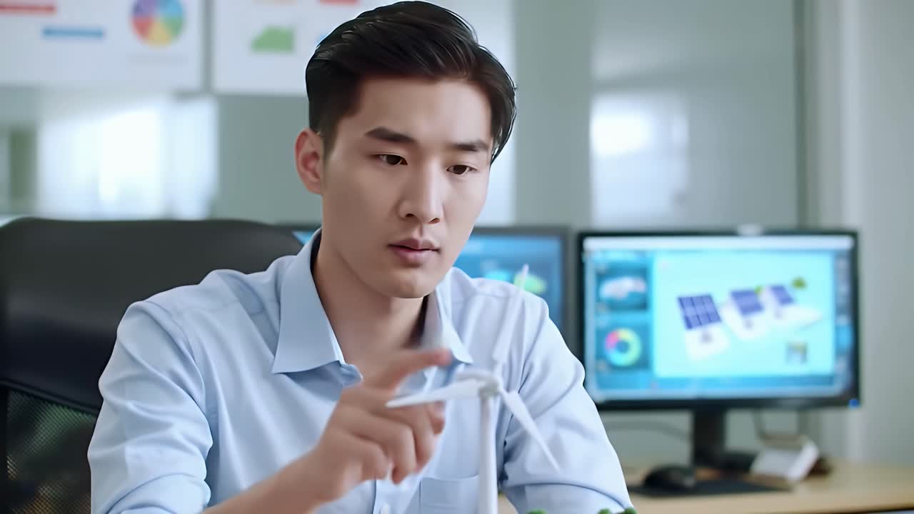 Man Examining Wind Turbine Model for Renewable Energy Project