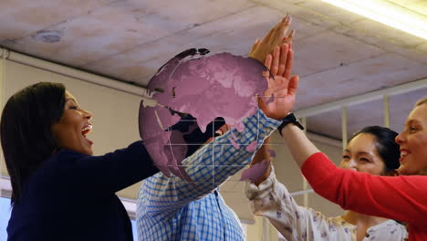 animation of globe over work colleagues high fiving in background