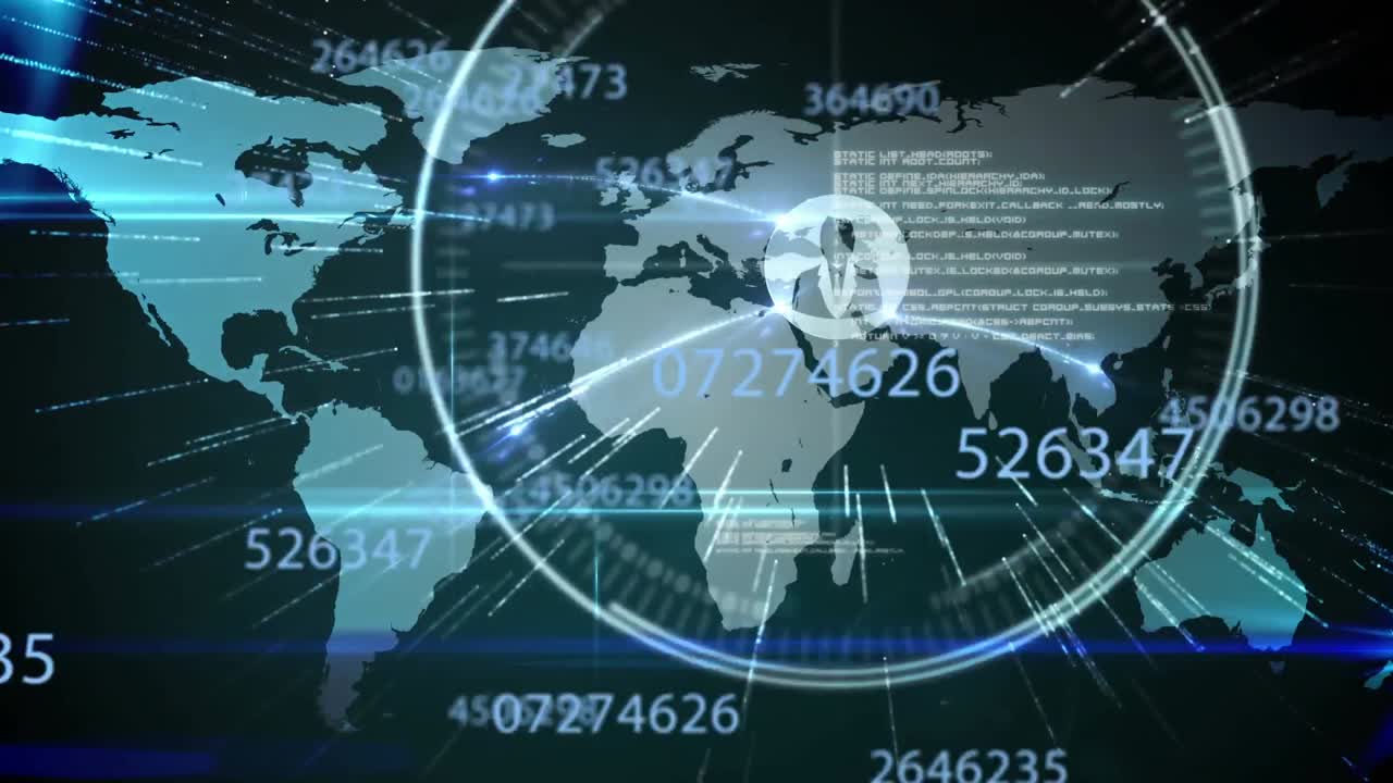 블랙 배경의 세계 지도 위에 아이콘의 애니메이션과 데이터 처리