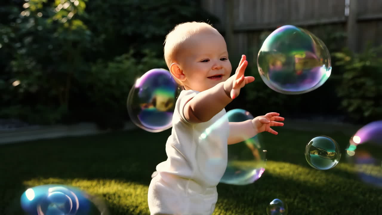 Happy Baby Playing with Bubbles in the Garden