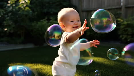 happy baby playing with bubbles in the garden