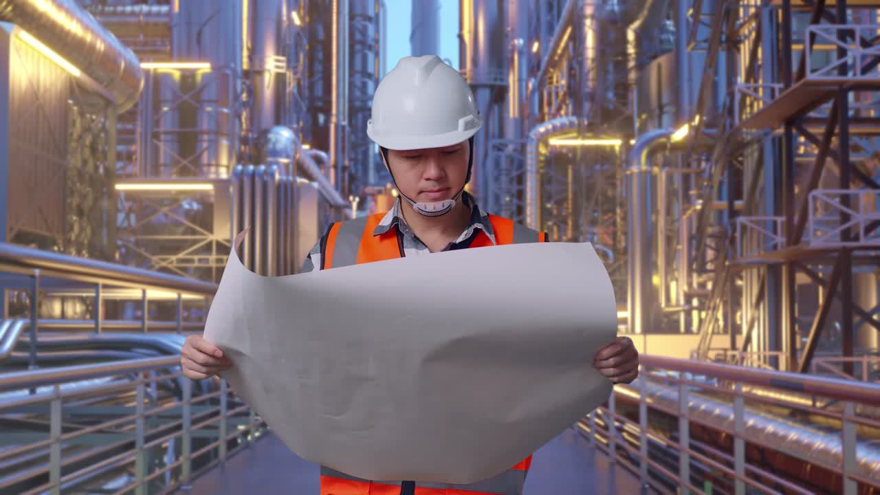 Asian Male Engineer With Safety Helmet Looking At Blueprint In His Hands And Looking Around While Standing At A Vast Oil Refinery
