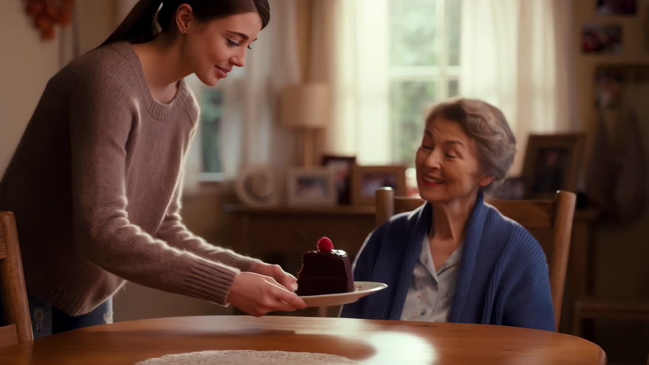 A young woman serves a slice of chocolate cake to an older woman