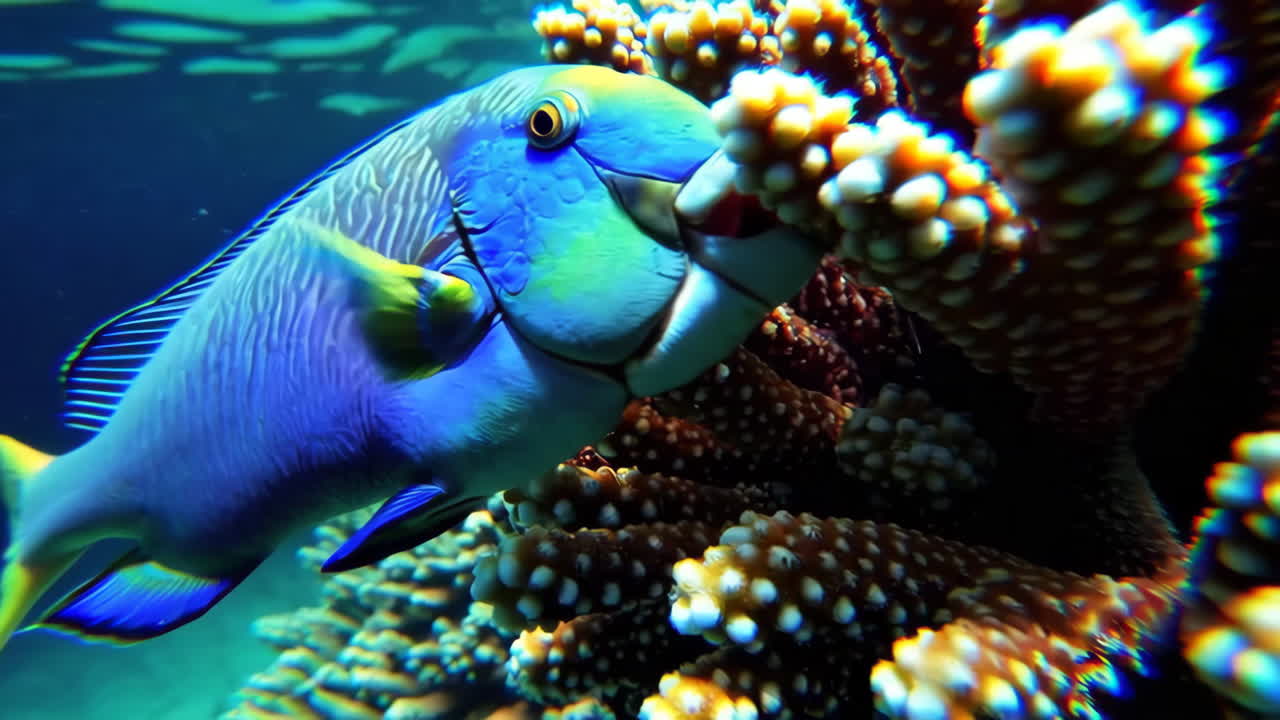 Pesce blu vicino al corallo