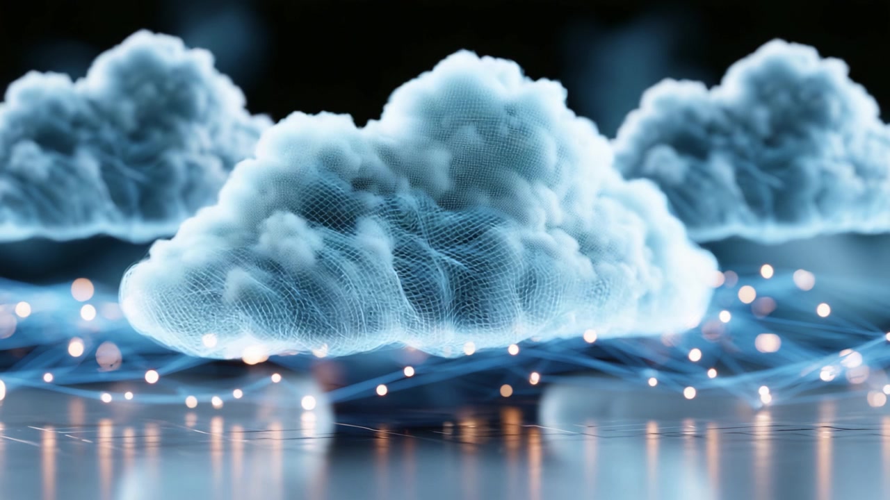 A Stunning Visualization of Digital Clouds with Glowing Connections Illustrating the Concept of Advanced Technology and Data Flow in a Modern Network Environment