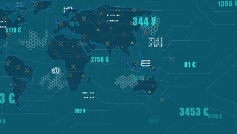 animación del procesamiento de datos y el mapa del mundo contra un fondo azul