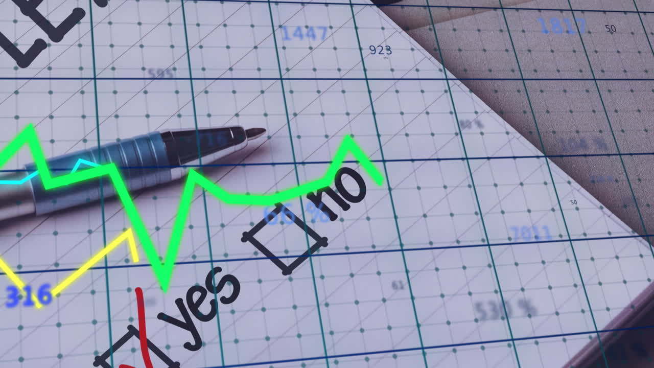 Menggambar di kertas grafik, tangan dengan pena menandai kotak centang ya atau tidak di dekat grafik hijau