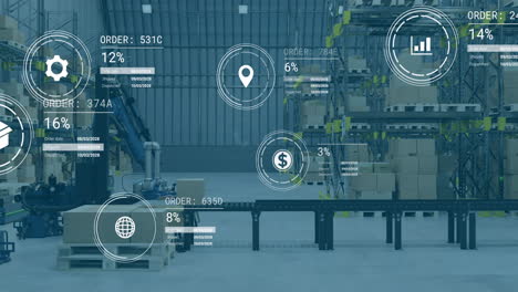 animación de iconos con procesamiento de datos sobre cinta transportadora y brazos robóticos en el almacén