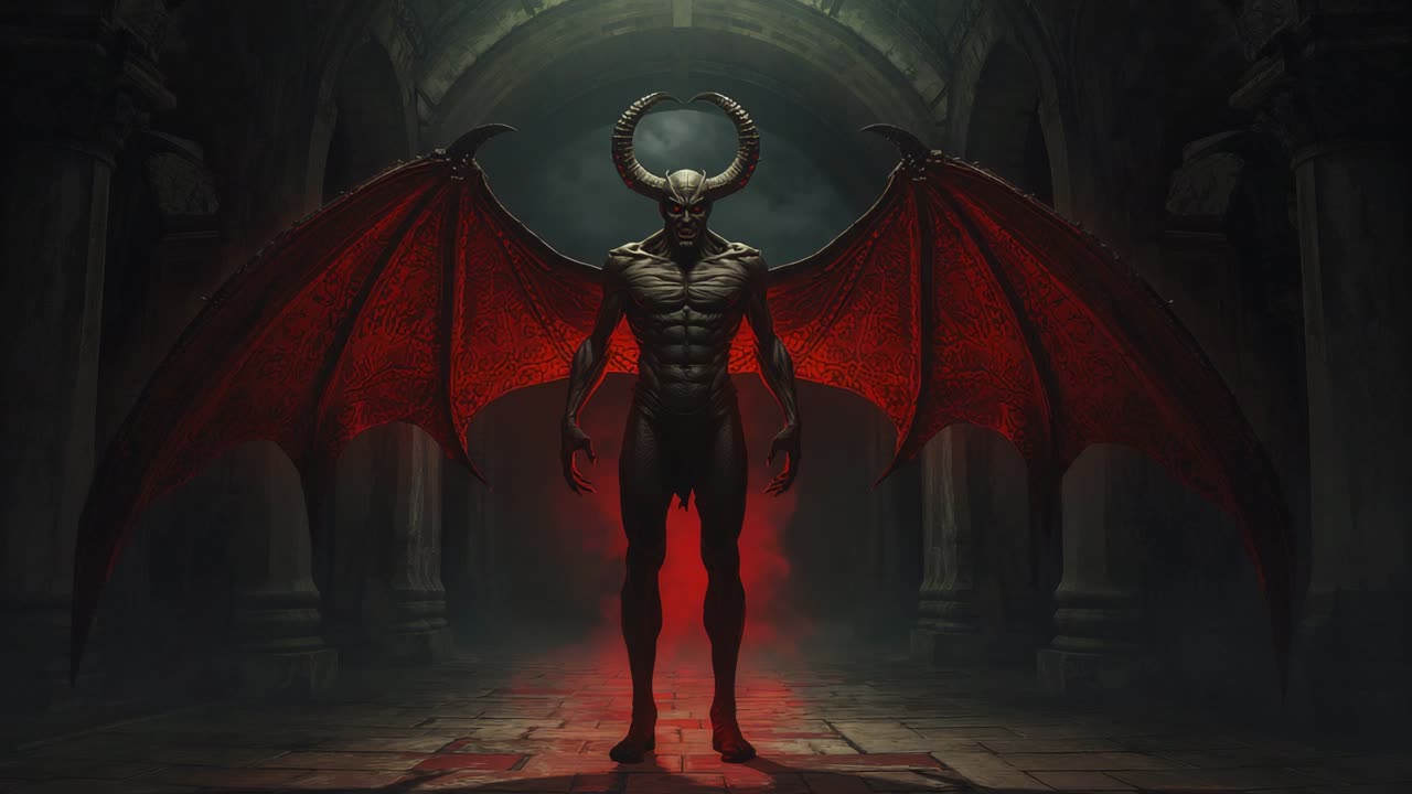 Emerging horned demon spreading wings on stone floor at Gothic columns, arches, red light pulsing