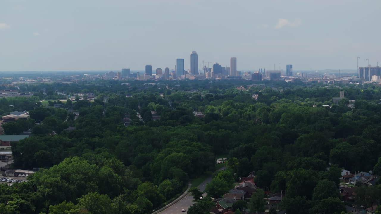 Aerial View of Indianapolis Skyline - Tight Drone Shot. Hot Summer Day