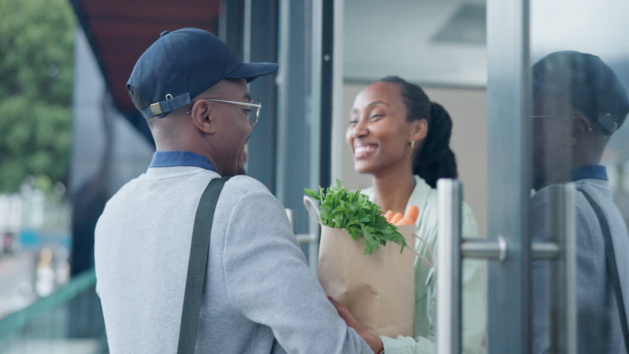 Black woman, paper bag and groceries
