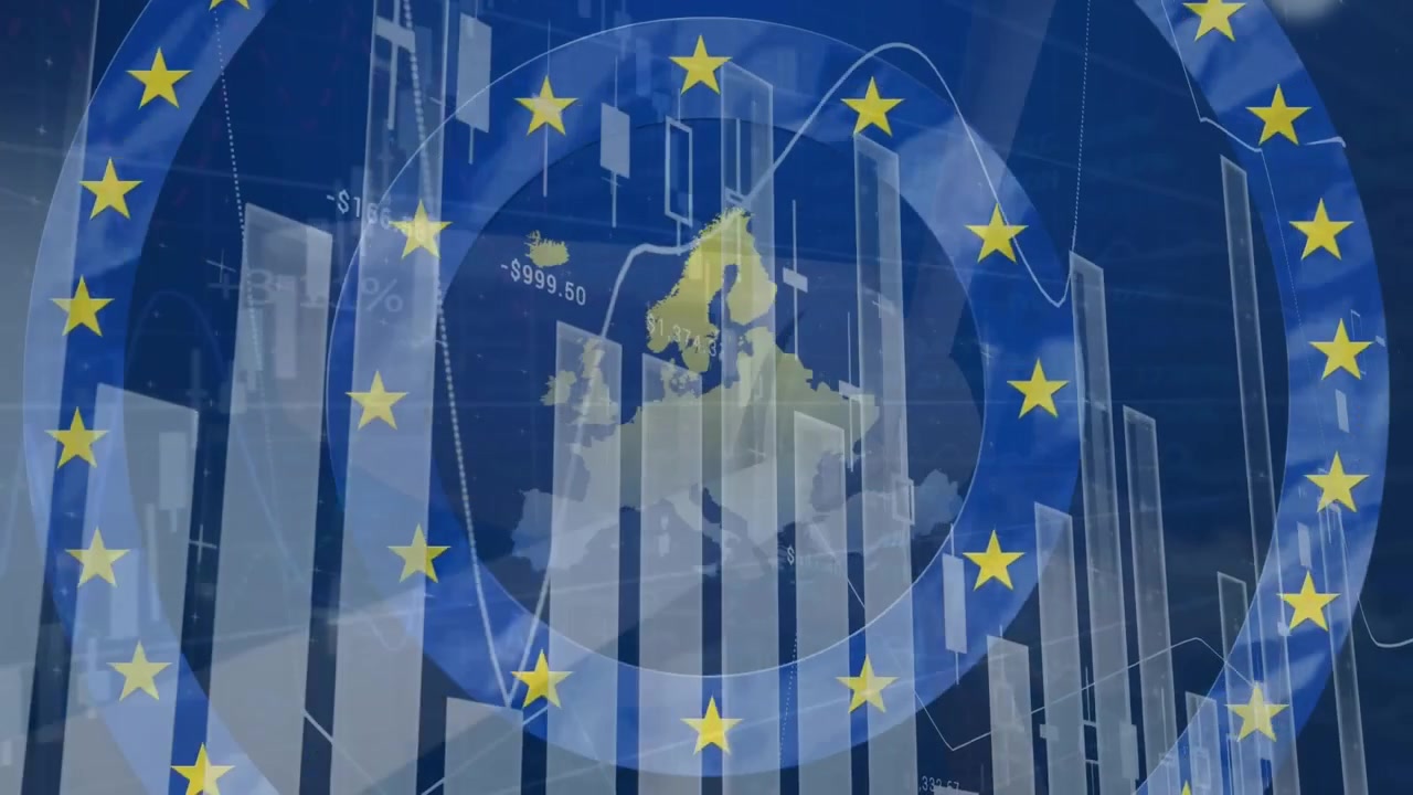 Animação de processamento de dados sobre a bandeira da UE e turbina eólica