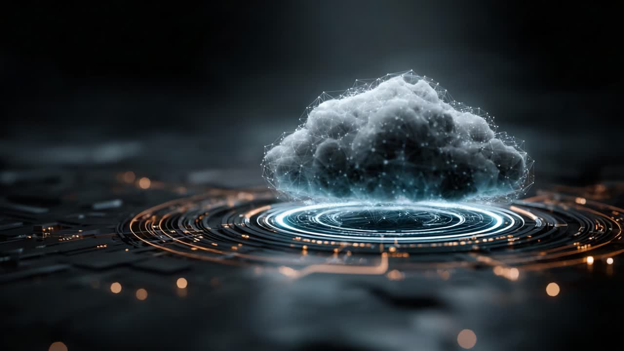 A Digital Cloud Displaying Advanced Technology and Connectivity Above a Circuit Design, Illuminated by Glowing Patterns and a Mystical Atmosphere