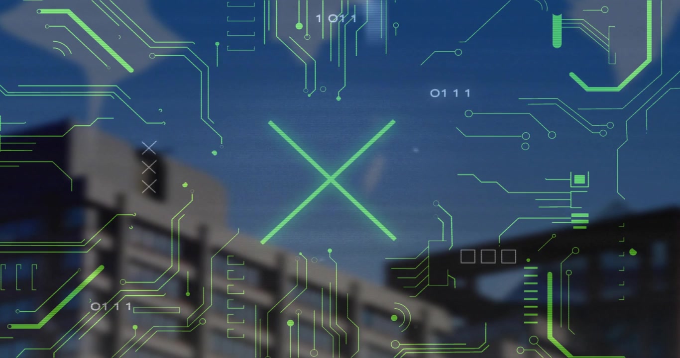 HUD circuits emerging from facade edges intensifying then fading, showcasing tech connectivity