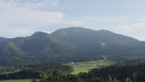 toma aérea lateral de montañas, bosques y campos en kotlje