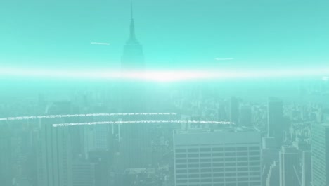 animation of data processing over cityscape