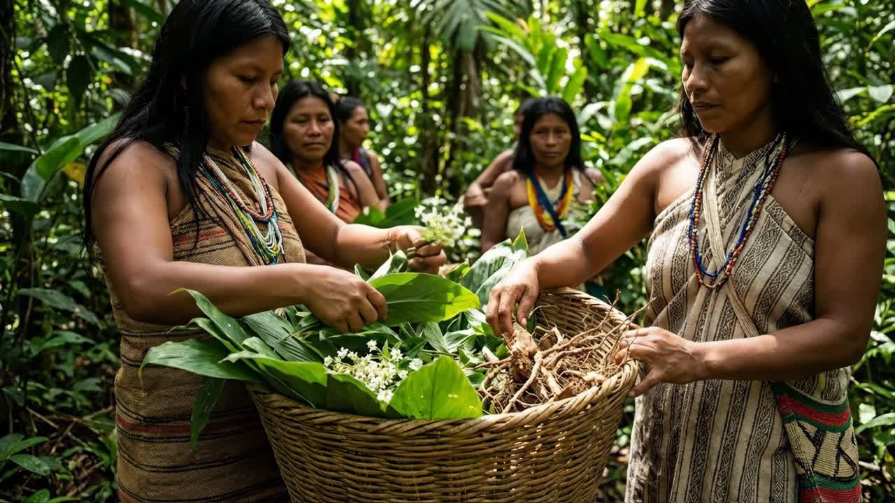 Mulheres indígenas preparando plantas medicinais na floresta amazônica