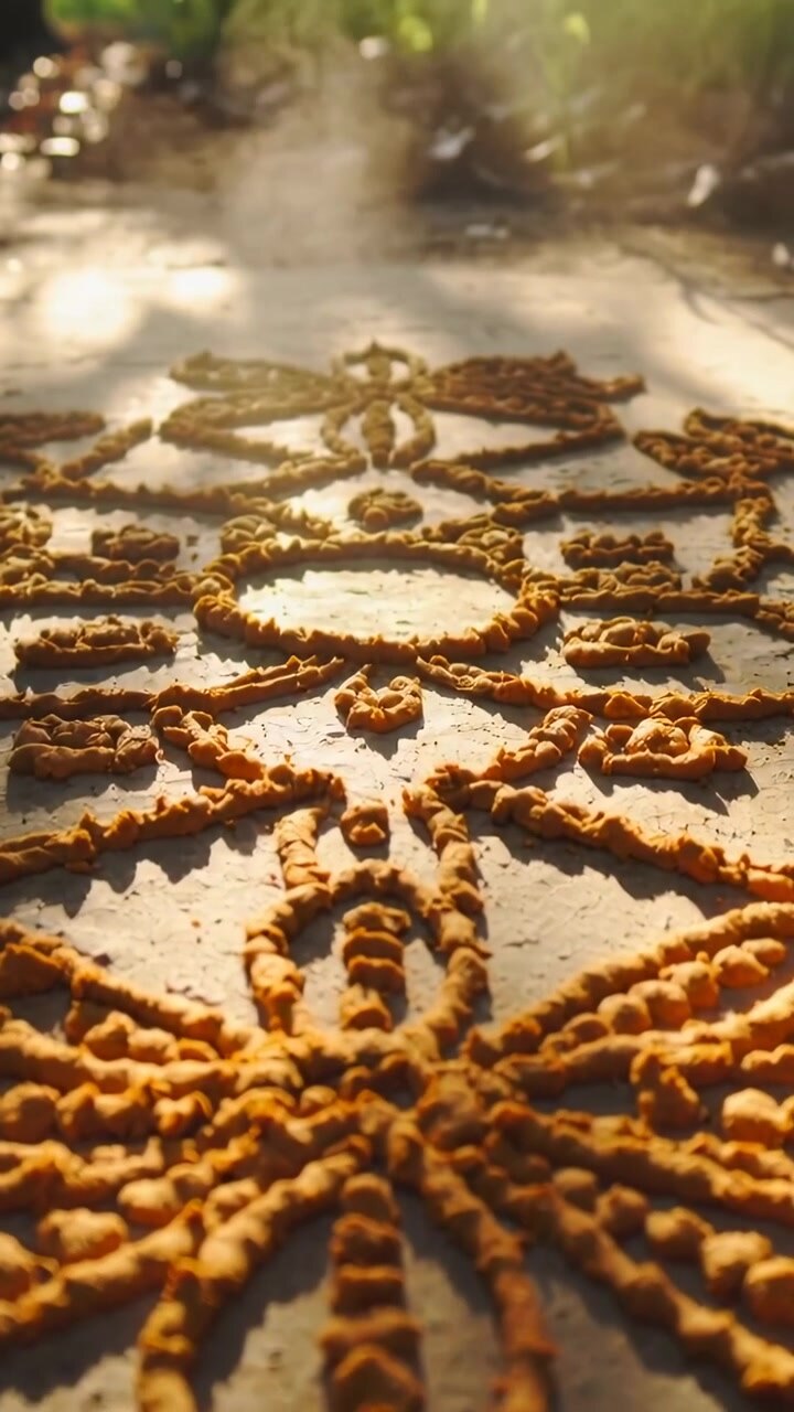 Vertical video: Pulling back, camera revealing orange powder motif on patio showing sunlit bokeh