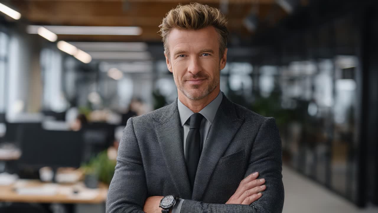 Confident Businessman Standing in Modern Office with Arms Crossed, Exuding Professionalism and Leadership Amid a Dynamic Work Environment