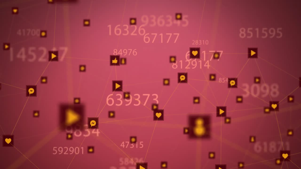 핑크색 배경에 여러 번 변하는 숫자와 디지털 아이콘의 네트워크의 애니메이션
