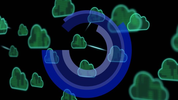 Animation of scope scanning, data processing and clouds over dark background