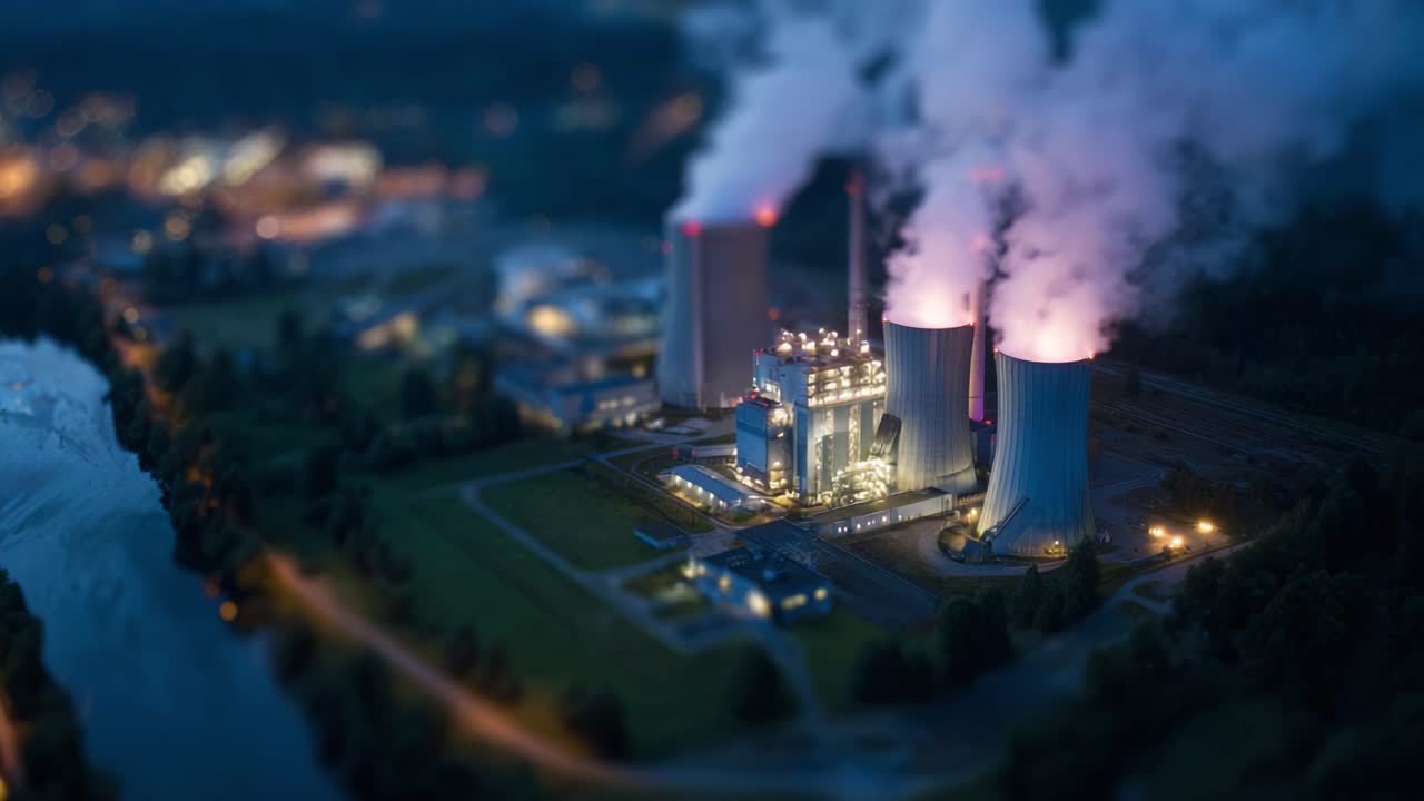 Vista suggestiva di una grande centrale elettrica industriale con ciminiere che emettono vapore di notte, mettendo in risalto i complessi macchinari e il paesaggio circostante.