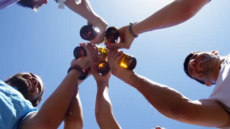 group of friends toasting beer bottles at outdoors barbecue party