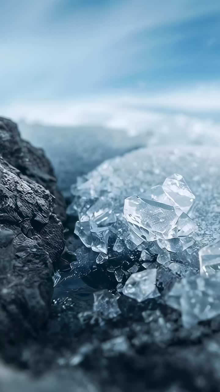 Video verticale: la messa a fuoco della fotocamera si sposta su frammenti di ghiaccio trasparente e ghiaccio brinato su una riva rocciosa scura