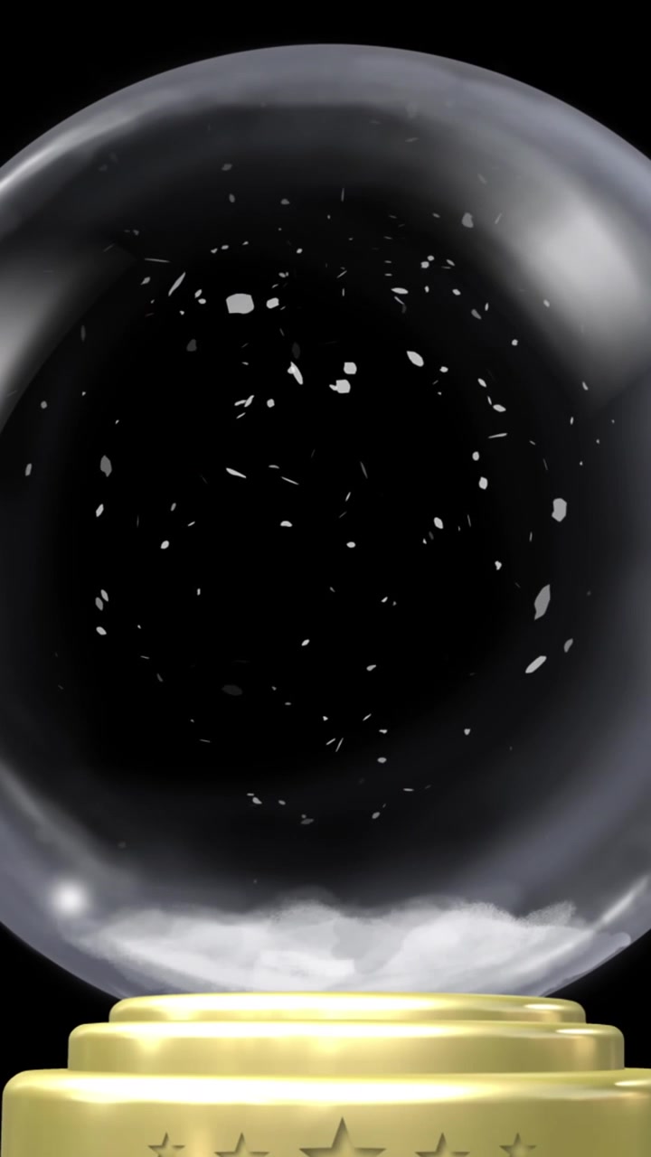 Animazione di una sfera di neve natalizia con neve che cade su sfondo nero.