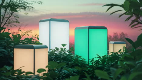 colorful outdoor led pillar lights in a garden at sunset