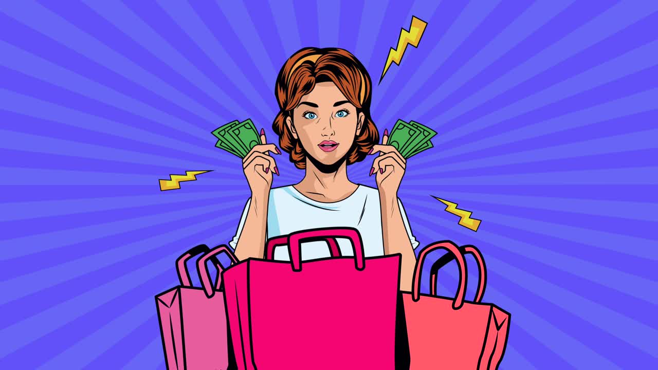 쇼핑 가방과 달러 지폐를 가진 아름다운 여성 팝 아트 스타일