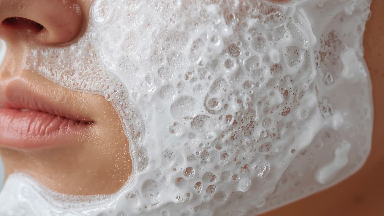 Showing woman's lower face with foam activating on right cheek in studio, nostril and lips visible
