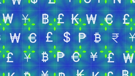 animation of currency symbols over colourful shapes moving