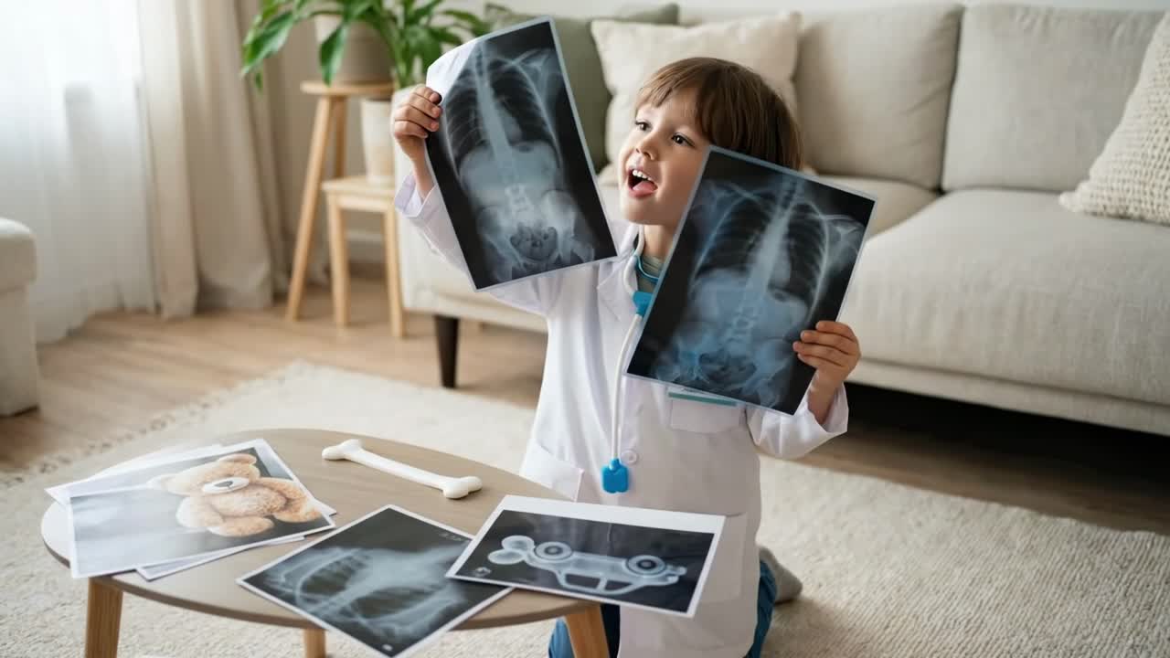 Young Boy Dressed as Doctor Playing with X-rays at Home