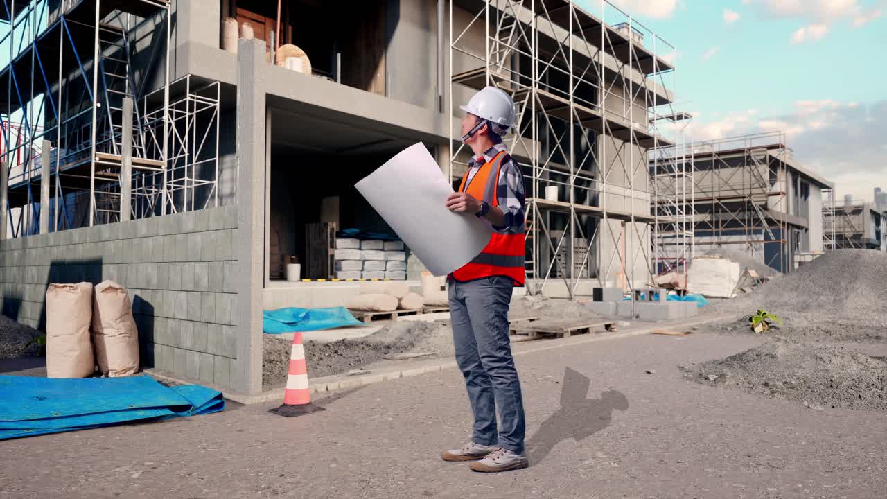 Full Body Side View Of Asian Male Engineer With Safety Helmet Looking At Blueprint In His Hands And Looking Around While Standing At Building & Construction Site in Progress to New House