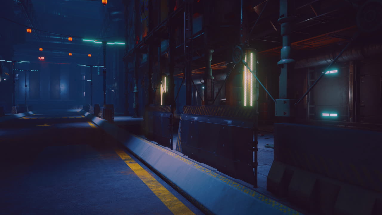 Urban corridor illuminated with neon lights and shadows at night