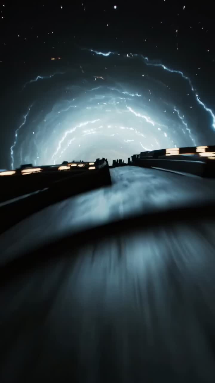 Vertical video: Pulsing vortex drawing ship into core in space with central engine and thrusters