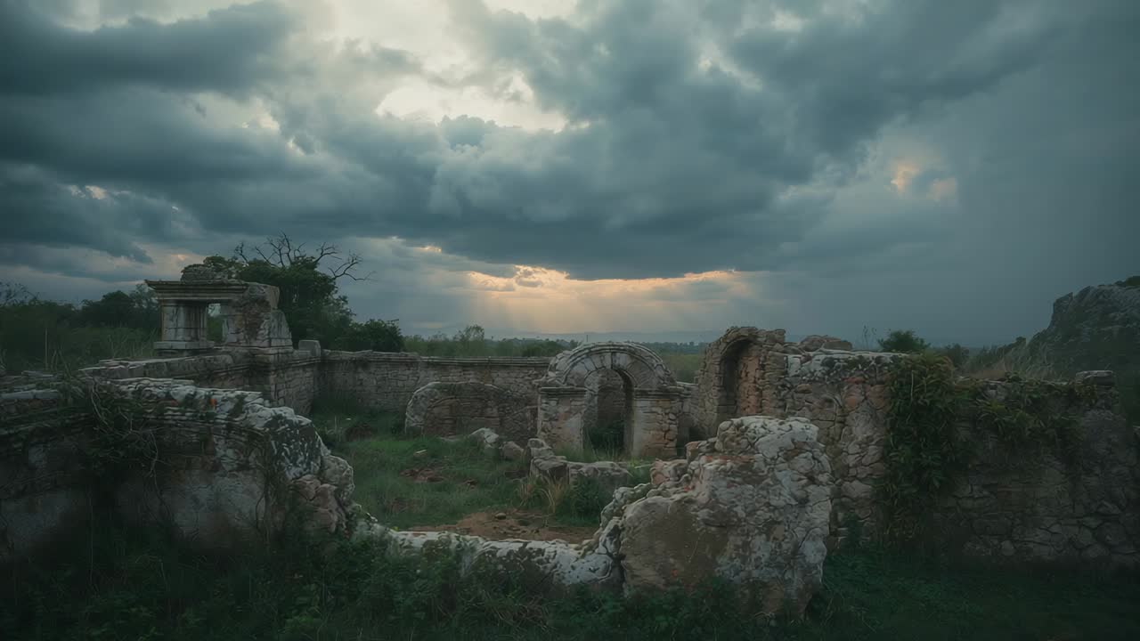Shifting storm clouds moving and brightening horizon behind centered stone ruin archway, grasses