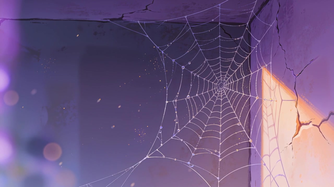 Glistening spider web catching dew droplets in ceiling corner, shifting glints from warm light