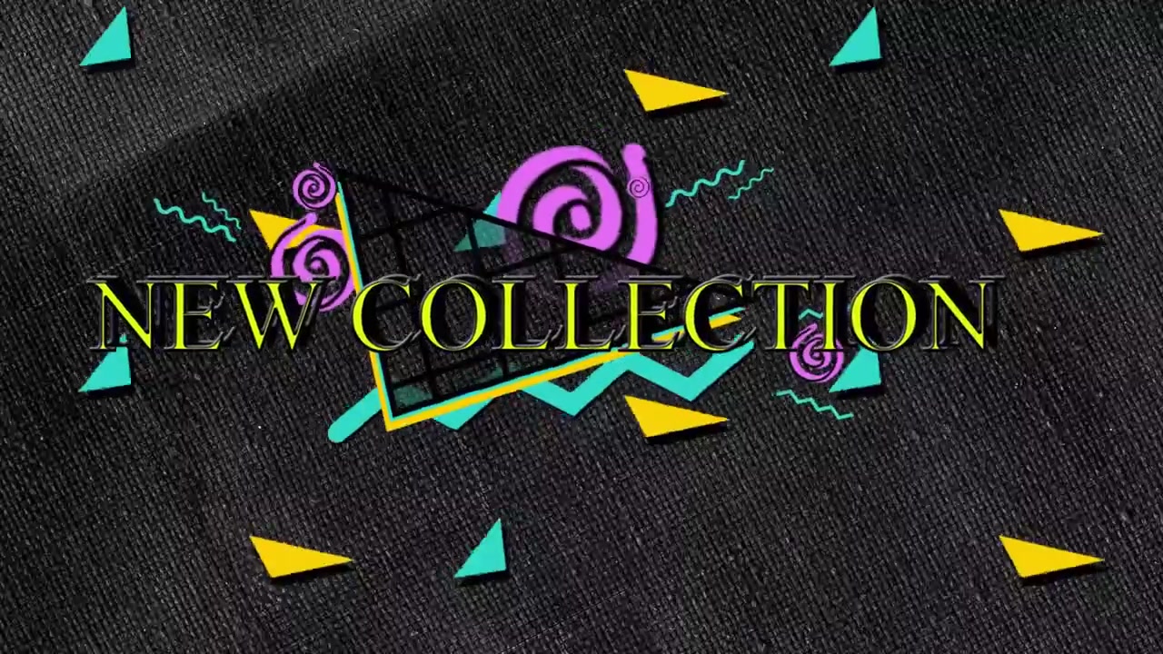 Geometric elements entering dark backdrop starting NEW COLLECTION text animating revealing launch