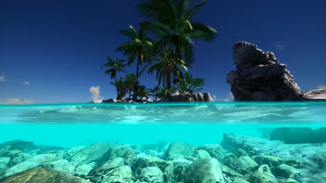 split view cross section of sea water and palm trees on island