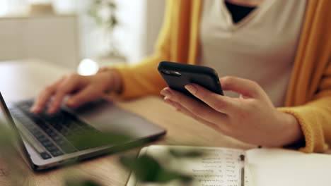 mujer de primer plano, manos y teléfono para portátil