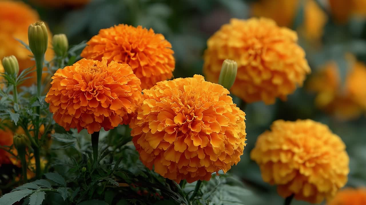 Calendule arancioni vivaci in fiore: una vista ravvicinata di una composizione floreale colorata che mostra i loro petali lussureggianti e testurizzati su uno sfondo verde lussureggiante.