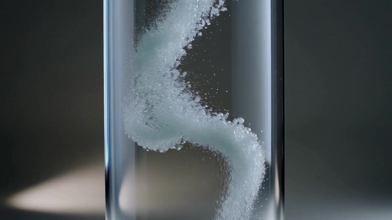 Forming spiral plume of bubbles joining inside tall glass with clear liquid, tablet dissolving